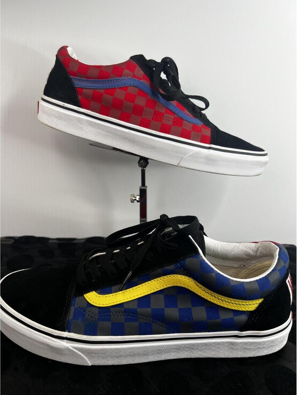 Vans Old Skool Checkerboard Sneakers Mens 11 Blue Red Yellow Black Suede Skate S - Picture 2 of 10